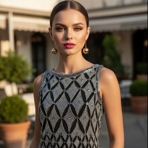 Vintage Tops - VINTAGE 80's GLAM COTE D'AZUR Peplum Beaded Silk Top S Embroidered Sequins Black